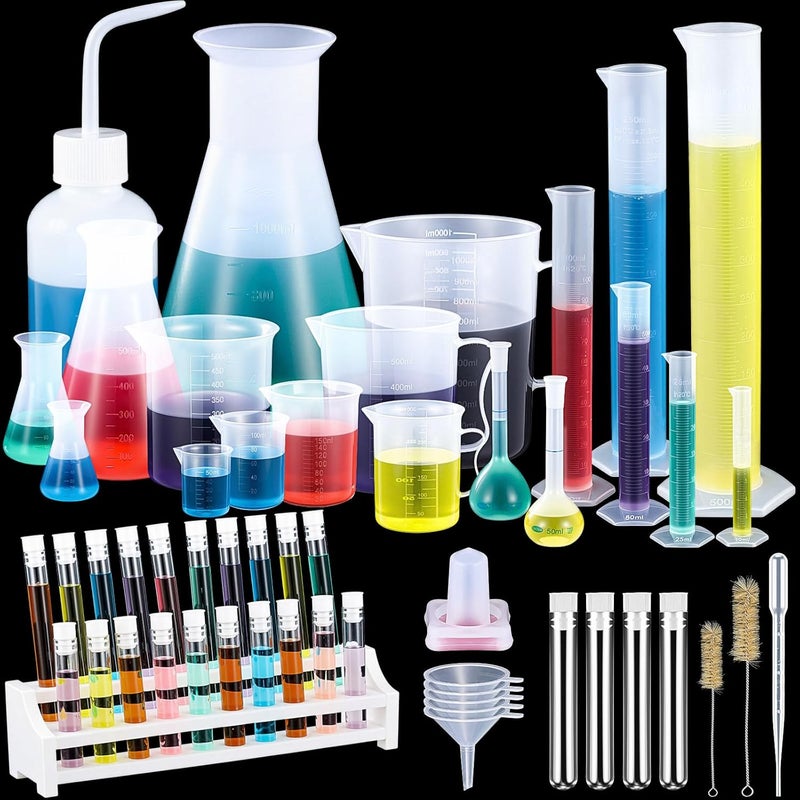 Kingdder 58 Pcs Plastic Beakers Set Include 6 Graduated Cylinder 7 Beakers 6 Flask 10 Droppers 1 Wash Bottle 20 Test Tubes with Rack 2 Brush 5 Funnel for Home Science Lab Party DIY - Image 1